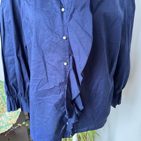 Lauren Ralph Lauren Navy Ruffle Collar Pearl Button Cotton Blouse size 2XL‎ - Picture 2 of 5